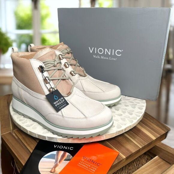 Vionic $170 Nolan Orthotic Waterproof Leather Canvas Arch Support Hiking Boots W - Picture 1 of 11